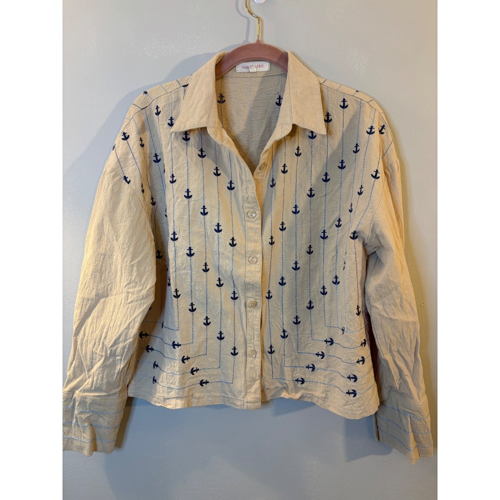Solitaire Beige Anchor Embroidered Boxy Button Up Blouse L Cotton Linen